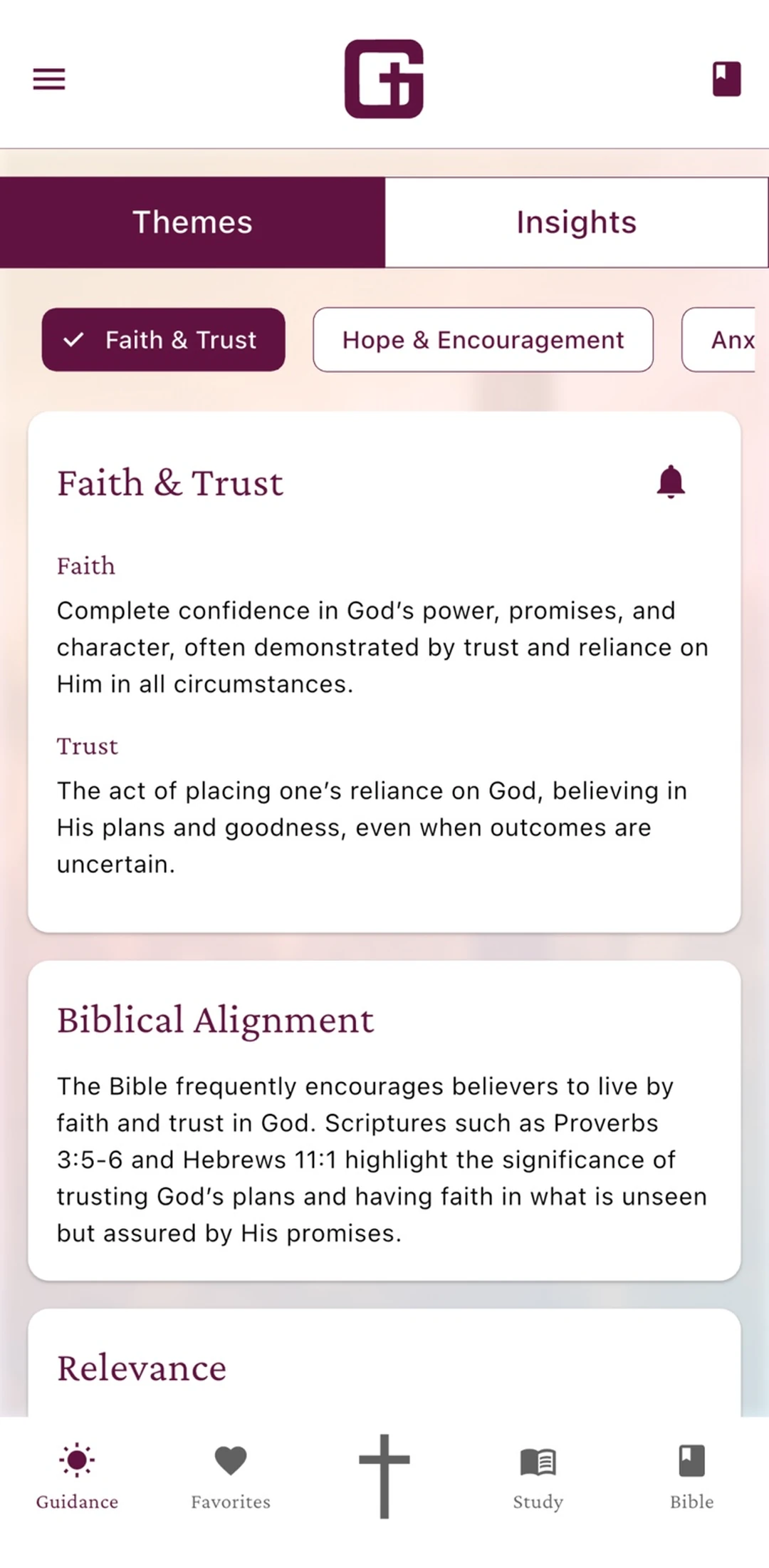 Guidance screen showing life themes in Grace Guide